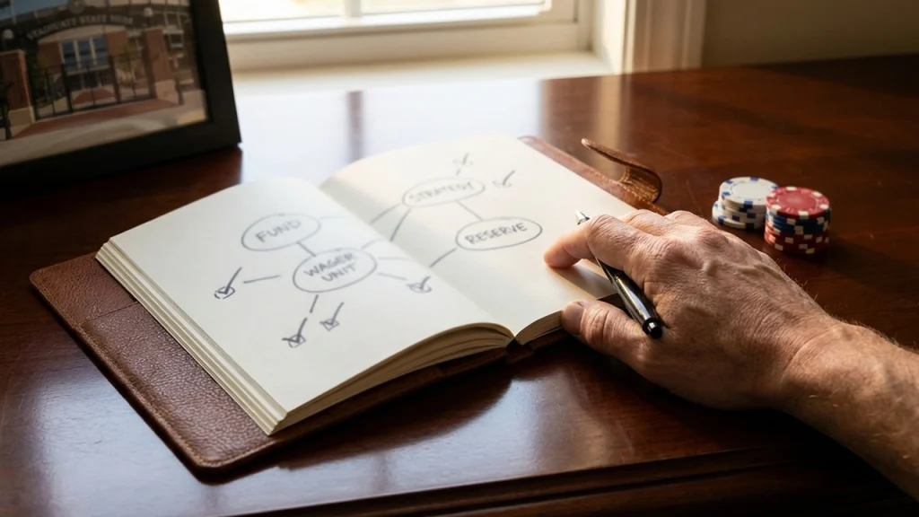 Notitieboek met budgetplanning voor sportweddenschappen