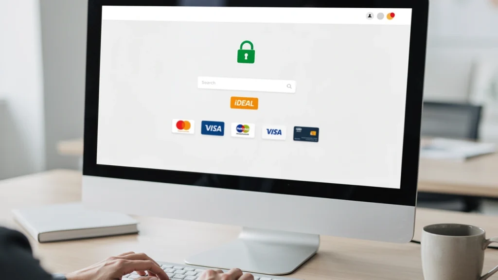 Veilige online betaling met iDEAL logo op computerscherm
