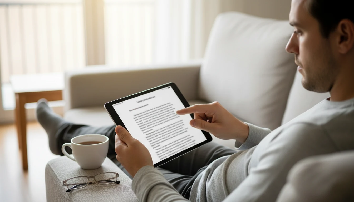 Persoon leest bonusvoorwaarden op laptop