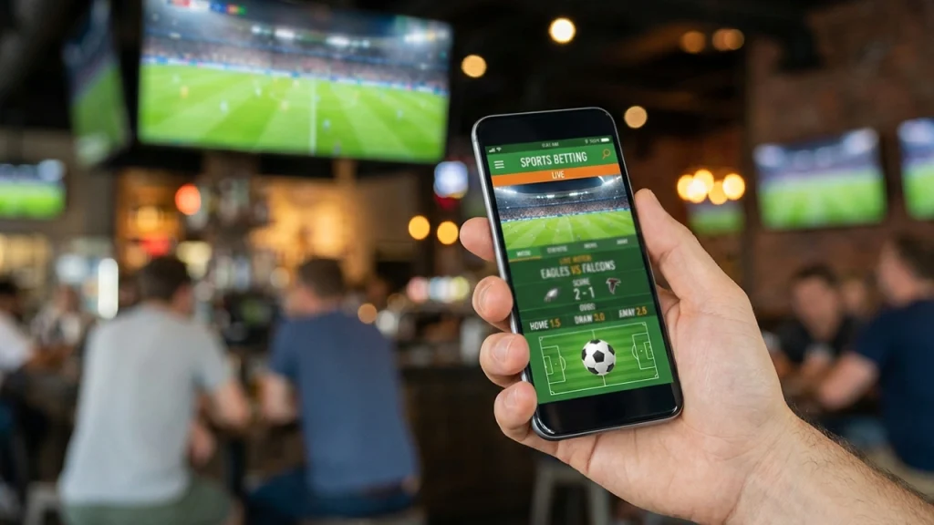 Smartphone met sportweddenschap app in hand bij voetbalwedstrijd