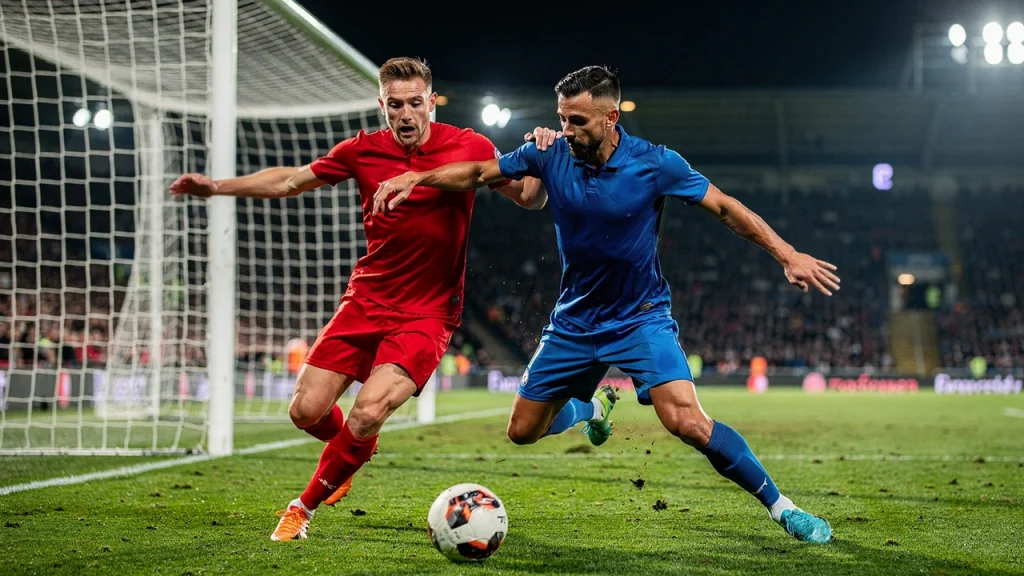 Twee voetballers van verschillende teams bij het doel