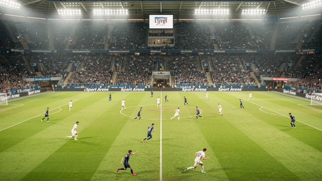 Champions League wedstrijd in verlicht stadion bij avond