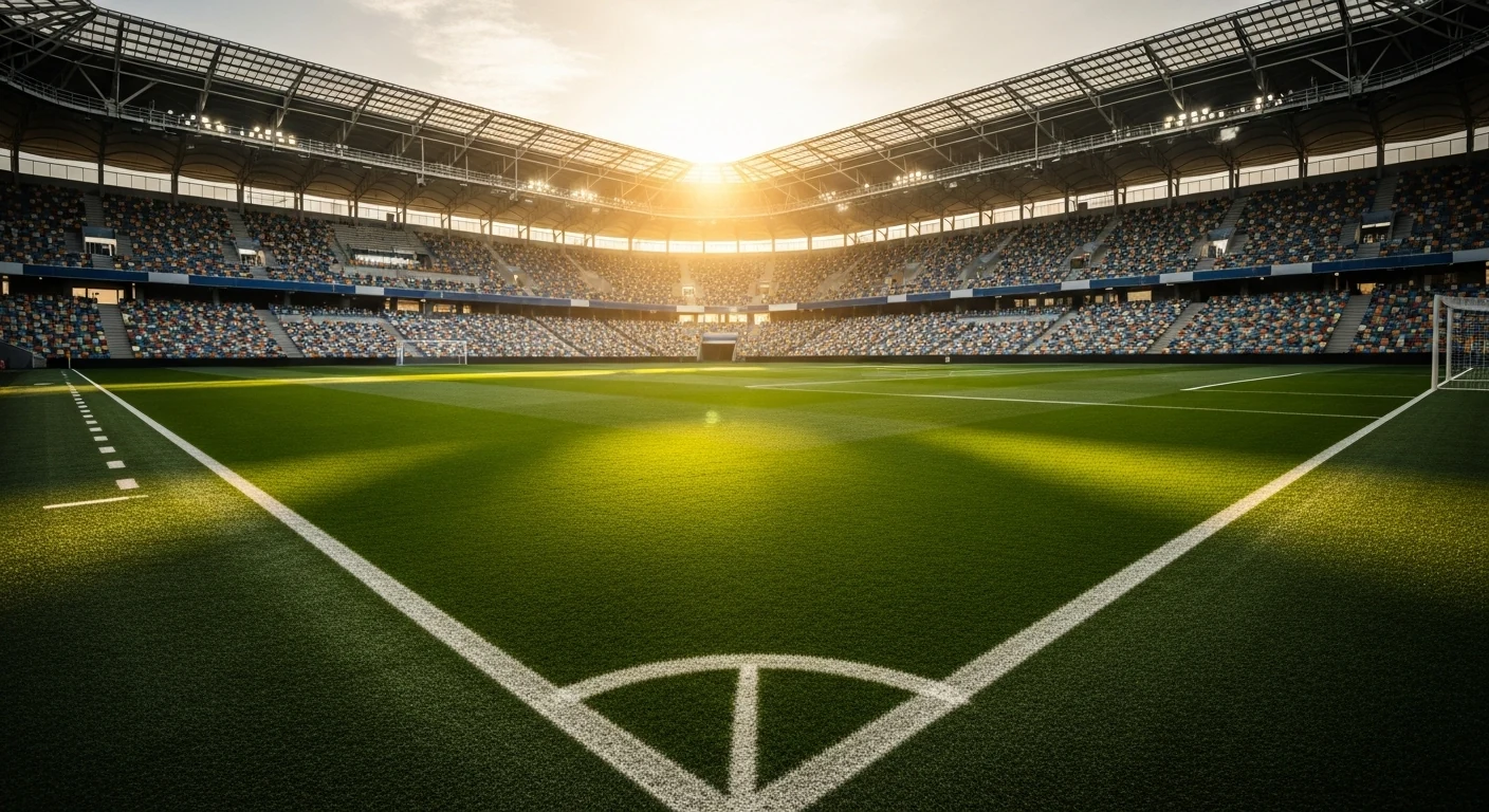 Voetbalstadion met groen veld en volle tribunes bij zonsondergang