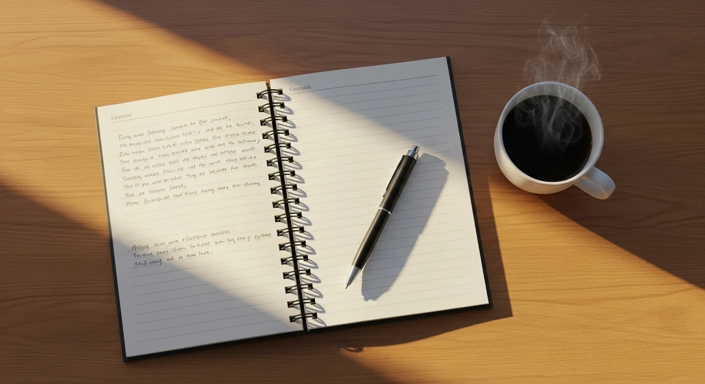 Notitieboekje met pen naast een kop koffie