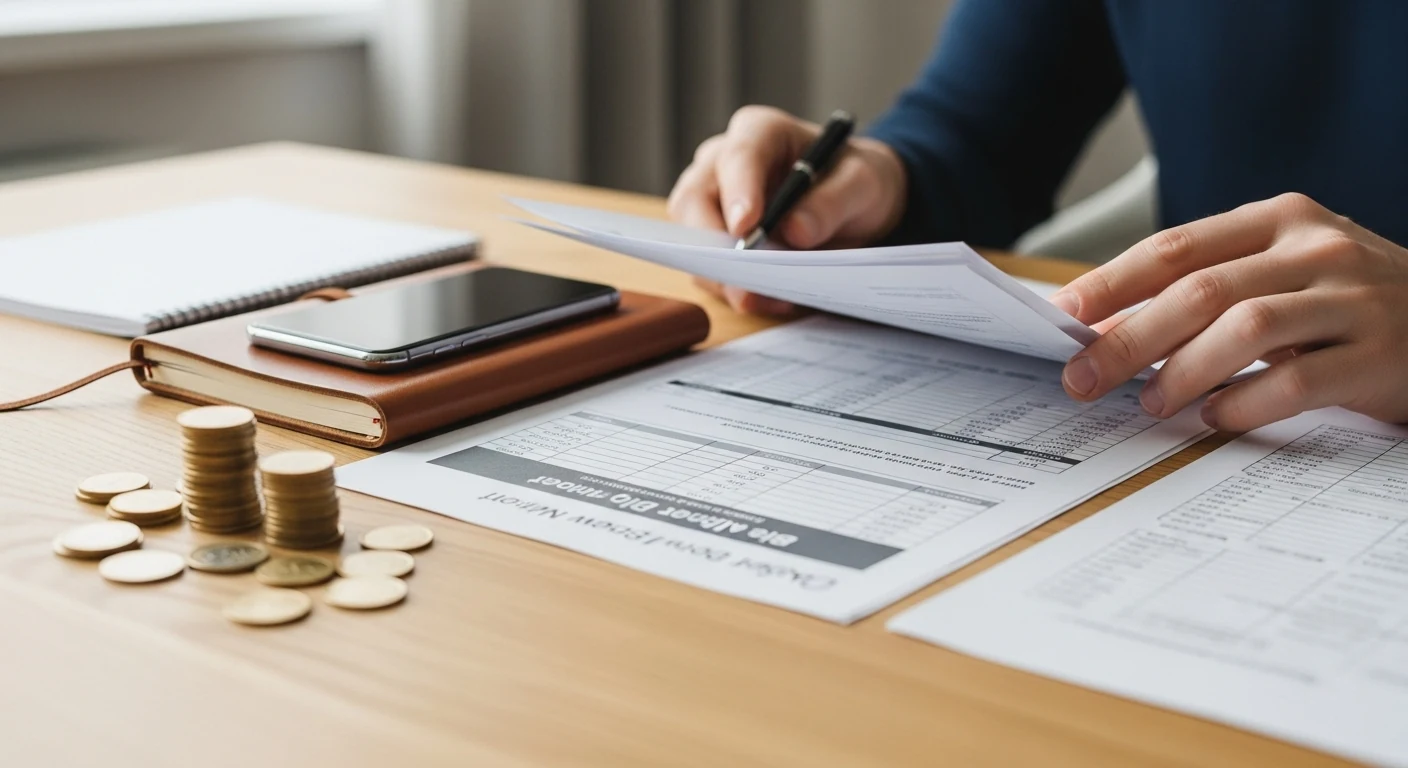 Persoon organiseert financiële documenten op bureau