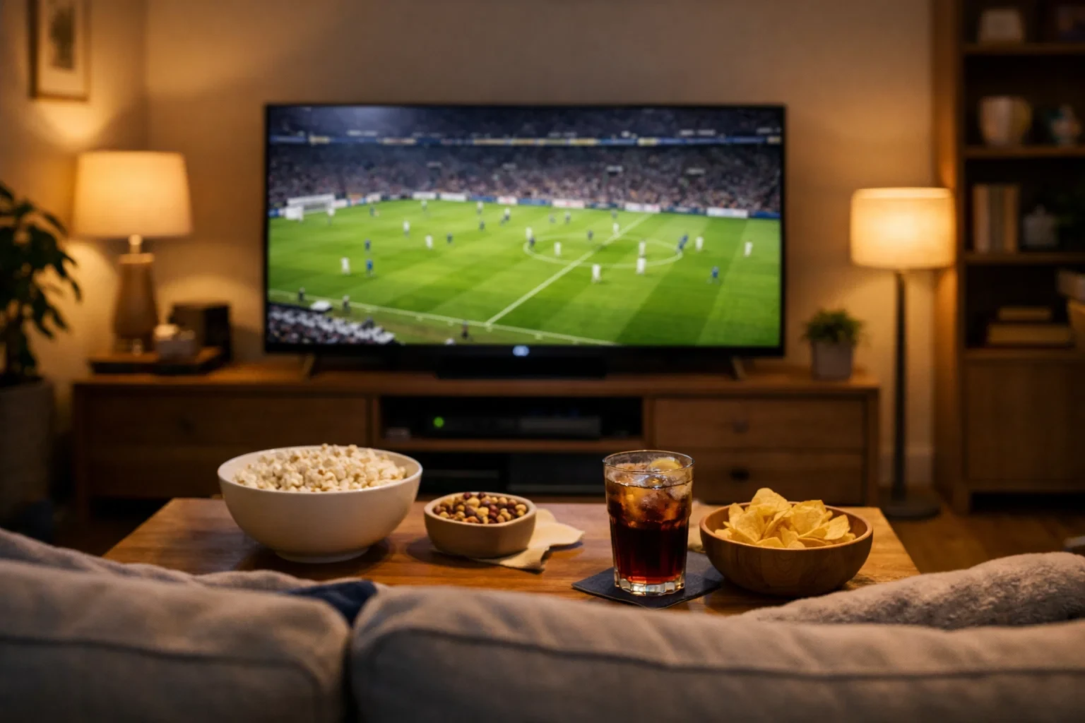 Voetbalwedstrijd op televisie in een huiskamer