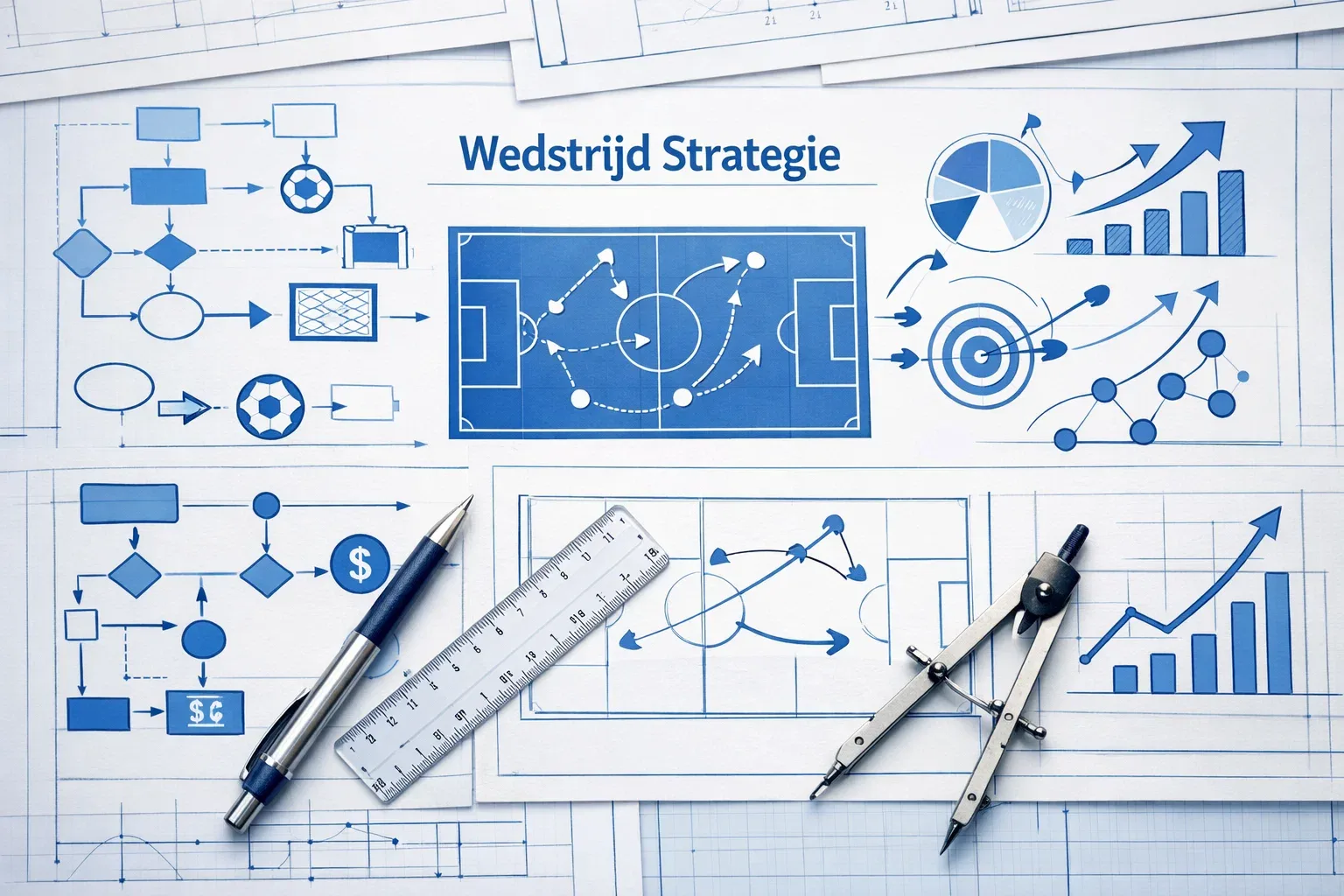 Blauwdruk met strategische diagrammen en pijlen
