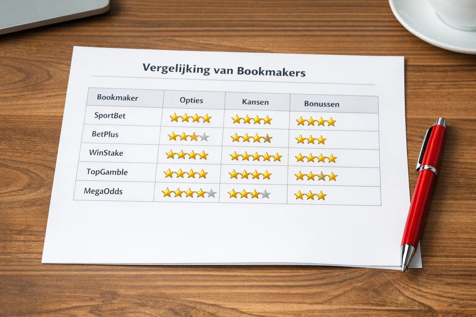 Vergelijkingstabel met sterren op papier