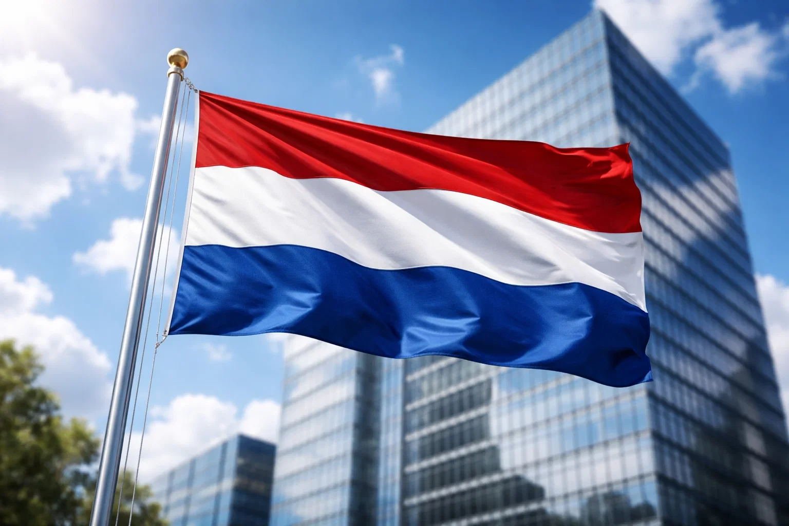 Nederlandse vlag wappert voor een modern kantoorgebouw