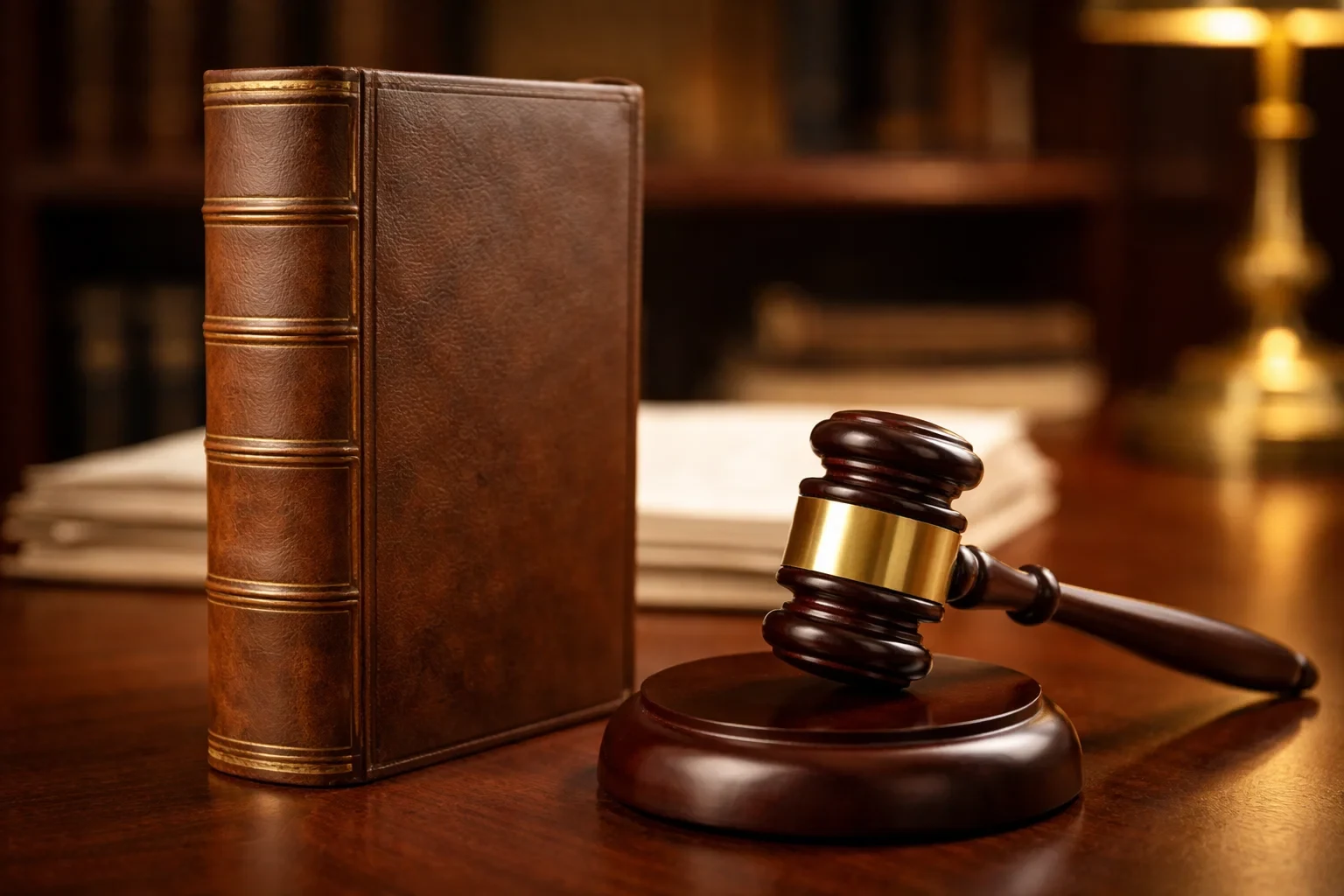 Wetboek met hamer op houten bureau