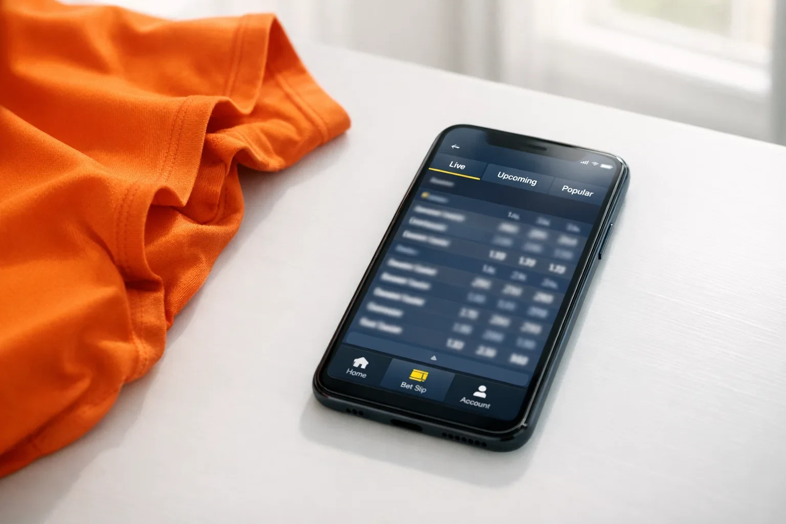 Smartphone met wedapp naast voetbalshirt