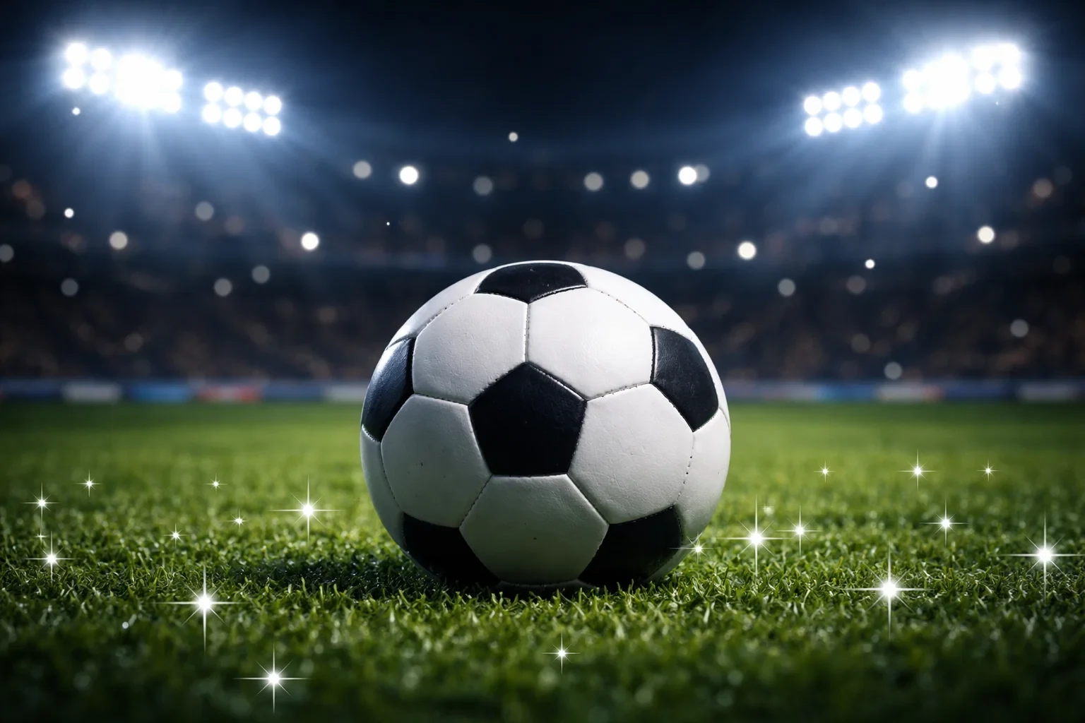 Voetbal met sterren eromheen op gras onder stadionlichten