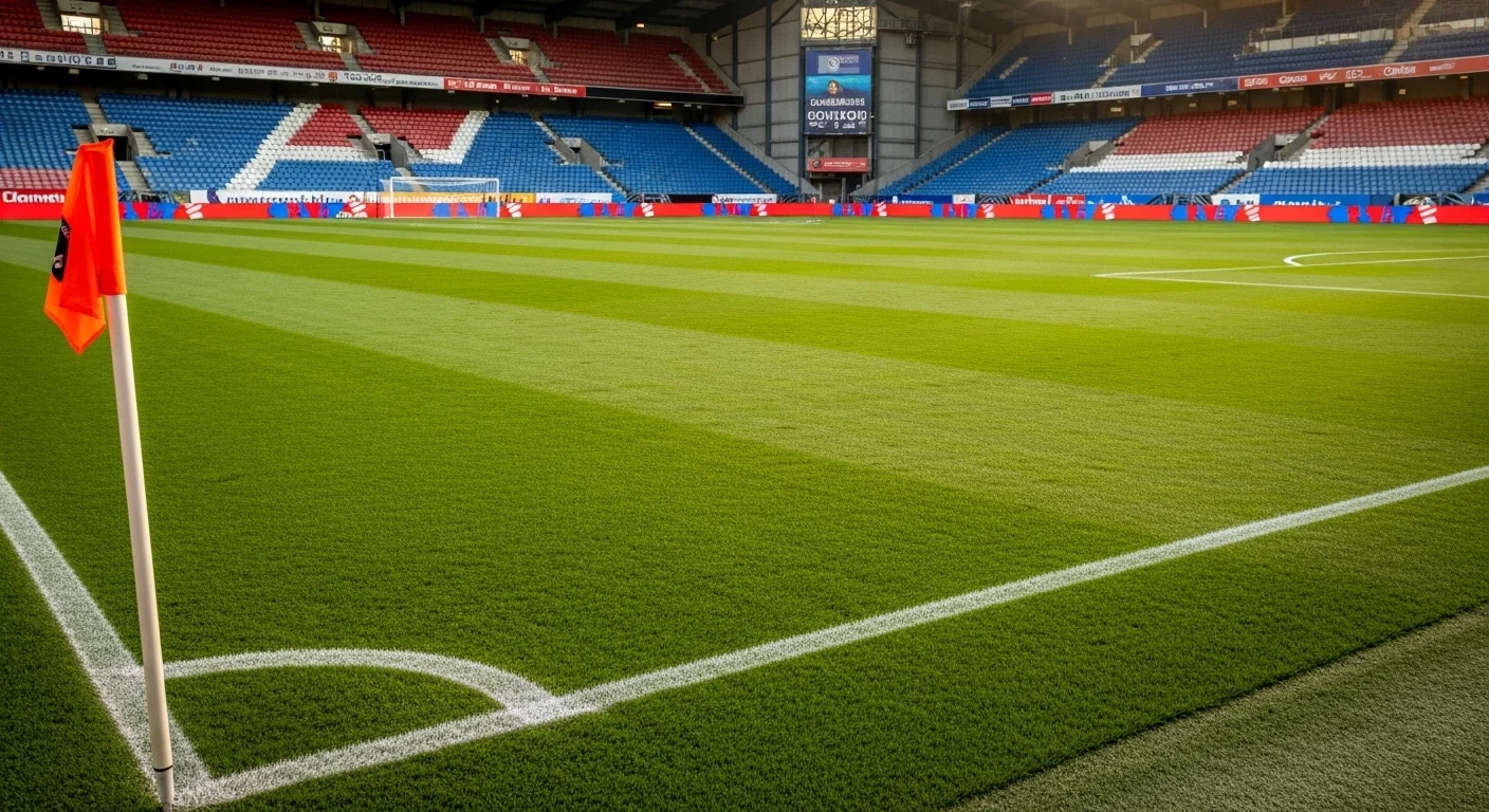 Voetbalveld met Nederlandse clubkleuren langs de lijn
