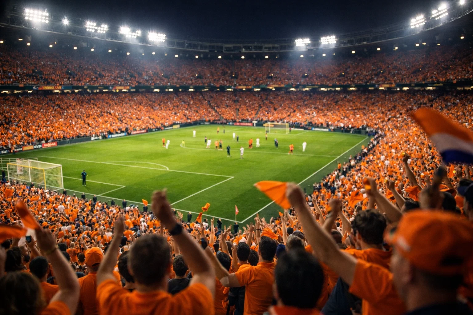 Voetbalstadion gevuld met oranje supporters tijdens een avondwedstrijd