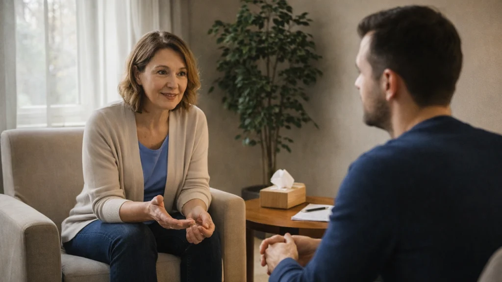 Persoon zoekt steun bij hulpverlener in rustige gespreksruimte