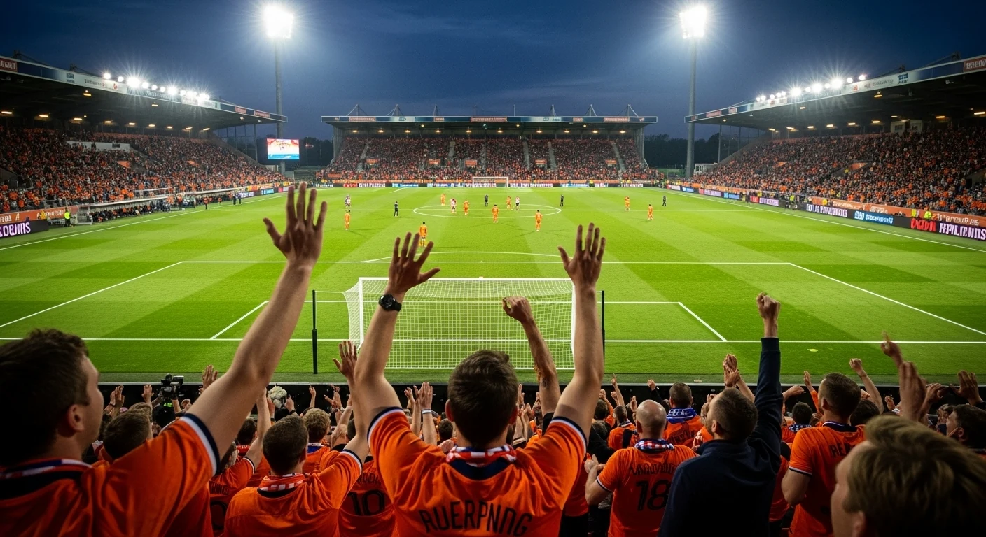 Voetbalstadion met fans tijdens een avondwedstrijd