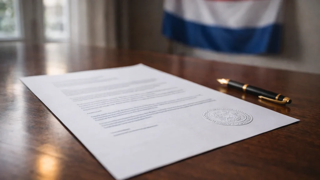 Officieel juridisch document met Nederlandse vlag op achtergrond
