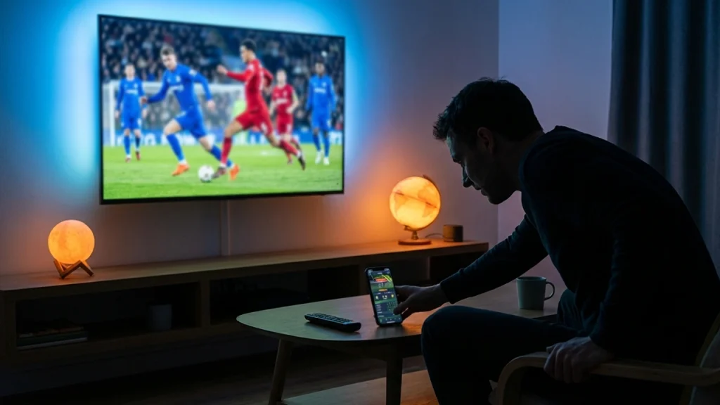 Voetbalwedstrijd op televisie met live wedden interface
