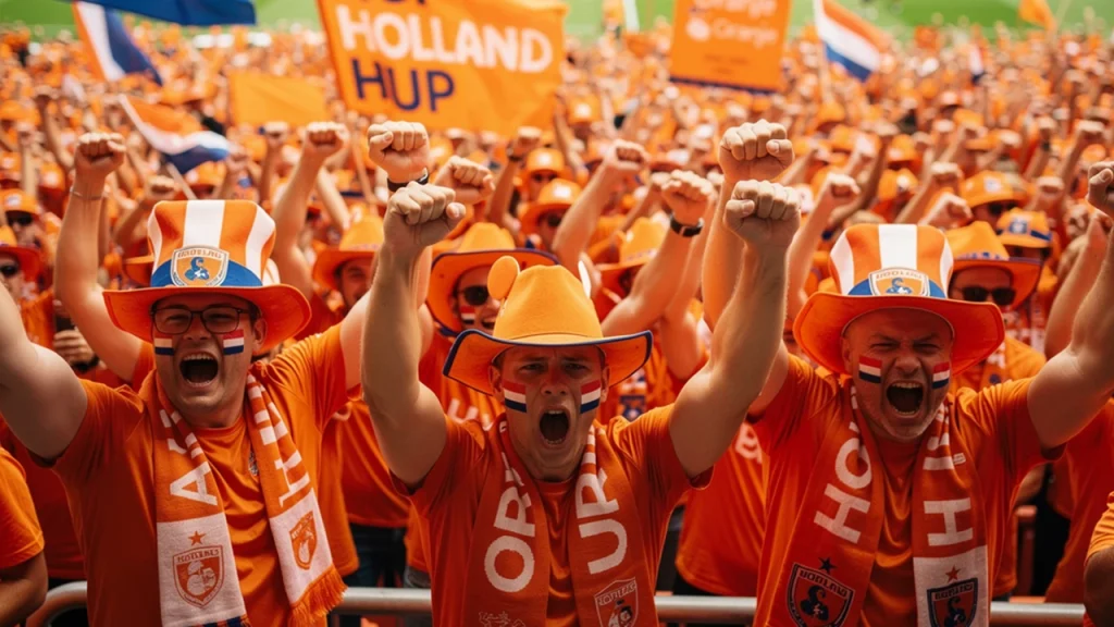 Nederlands elftal supporters in oranje tijdens interland