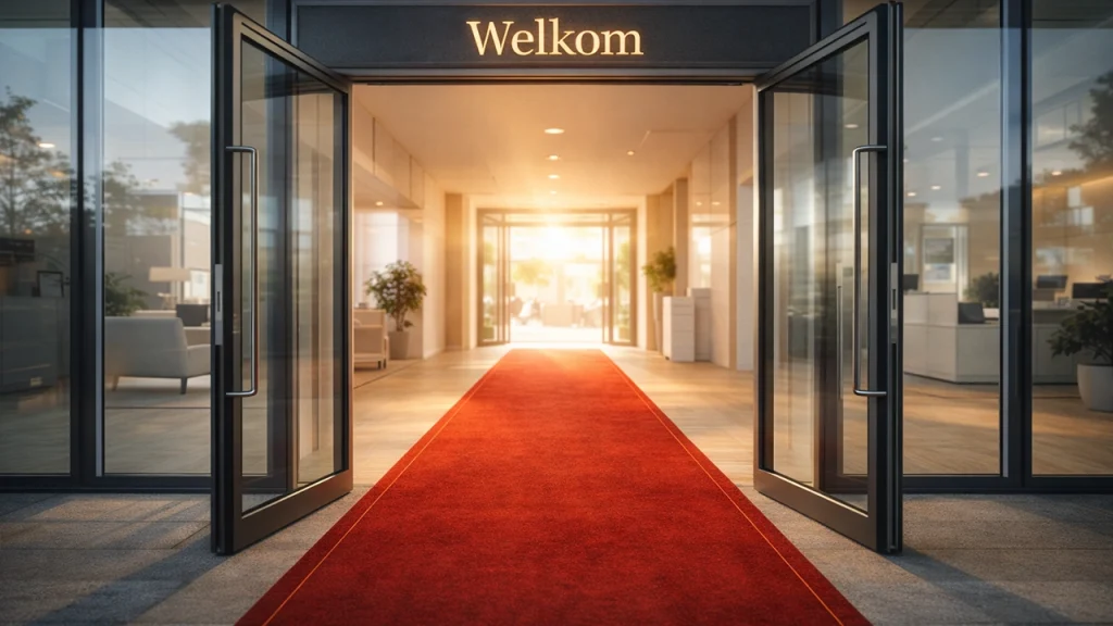 Nieuw geopend kantoor van bookmaker met welkomstbord