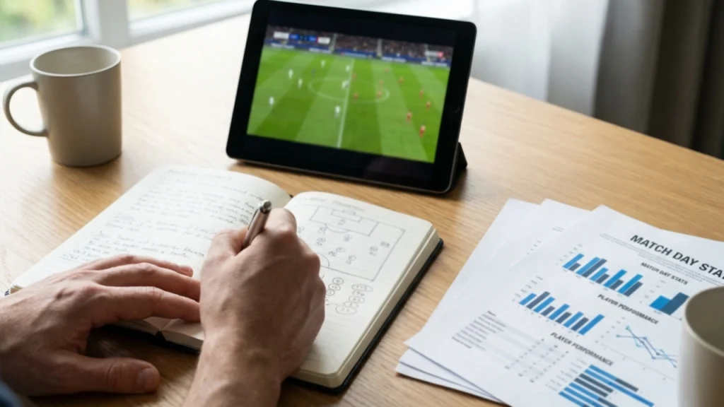 Persoon analyseert sportwedstrijden met aantekeningen en statistieken