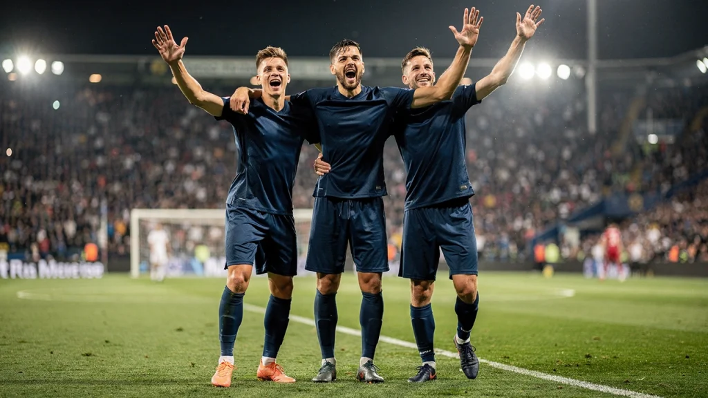 Voetballers vieren doelpunt onder stadionverlichting - odds boost promotie