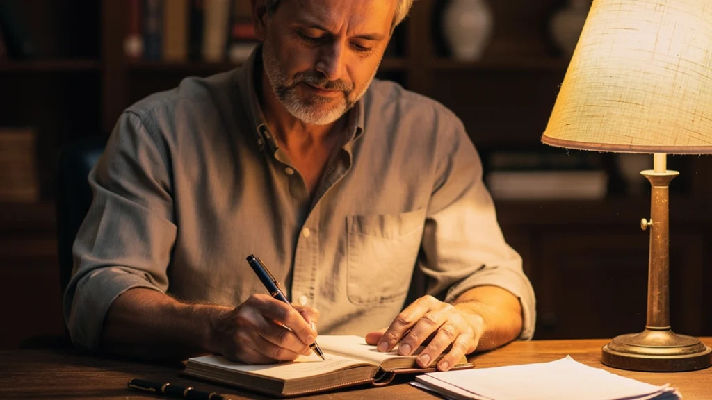 Man bekijkt bedachtzaam zijn gokbudget in een notitieboek bij rustig avondlicht
