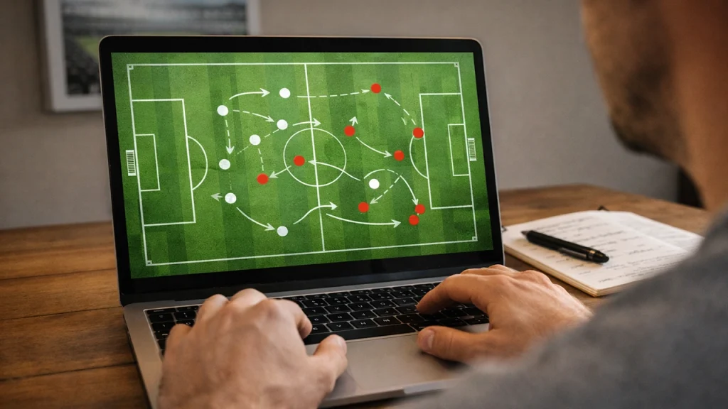 Voetbalveld met statistische data en analysescherm