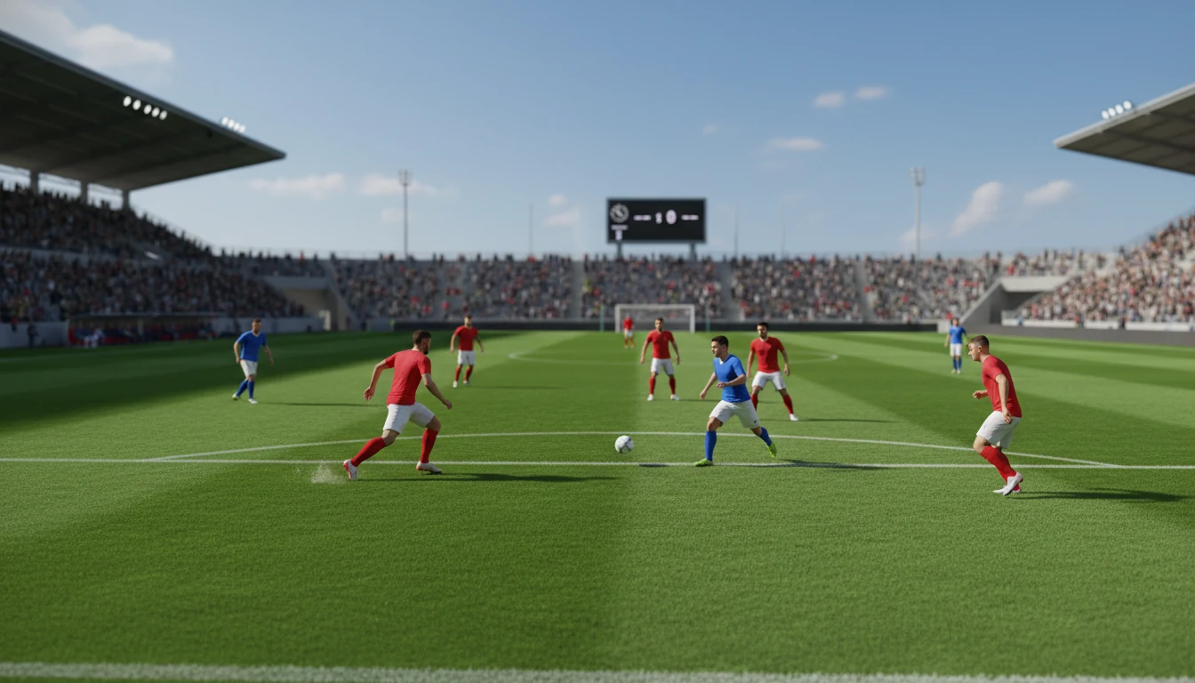 Voetbalveld met wedstrijd en scorebord