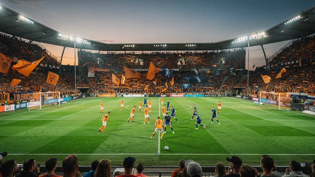 Nederlands voetbalstadion met Eredivisie wedstrijd in volle gang